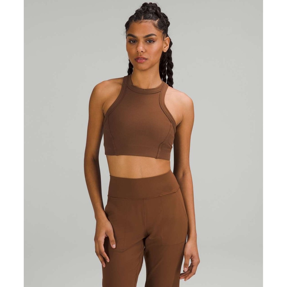 Lululemon Ribbed High-Neck Yoga Bra Java Brown Size 8 Racerback Crop Top